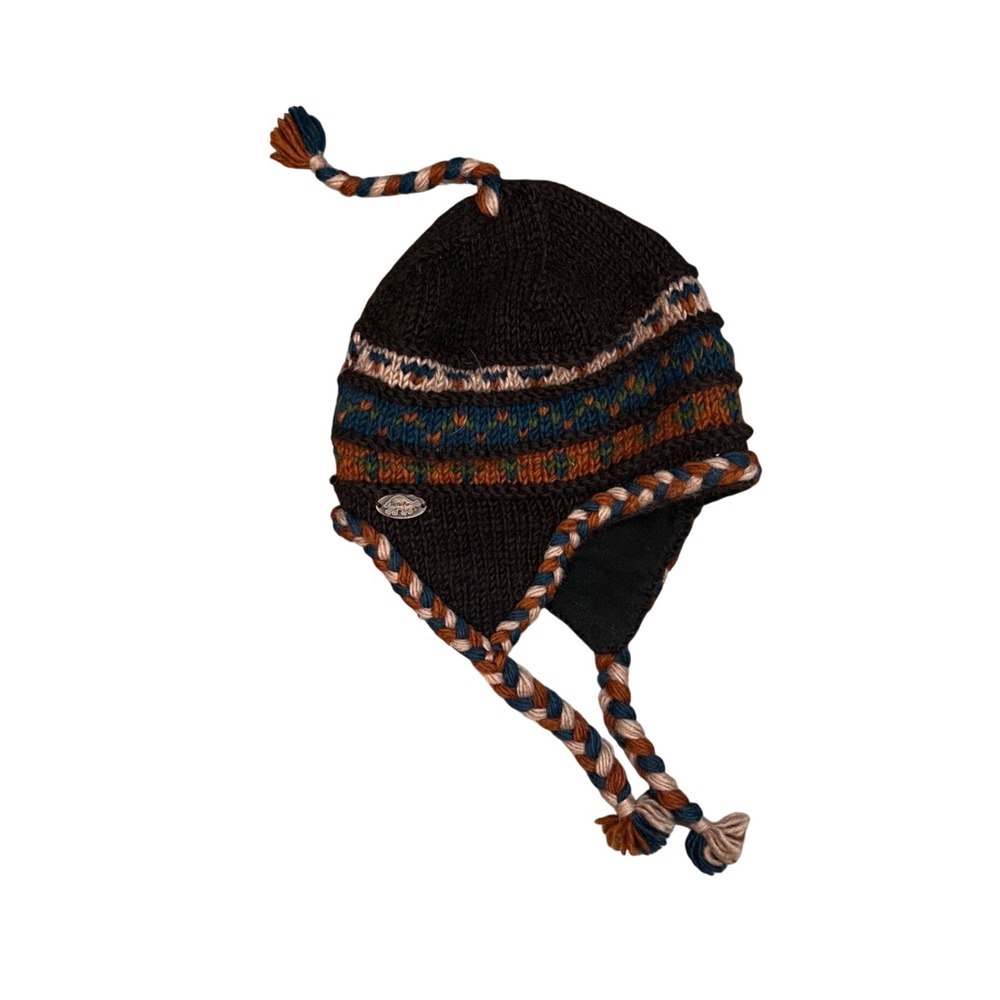 Turtle Fur Wool Earflap Beanie Hat Hand Knit Fleece Lined Brown Fair Isle Adult